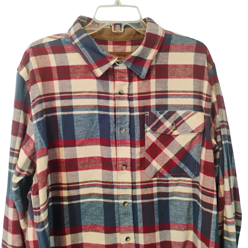 CQR Mens Flannel Shirt XL Red Blue Plaid Corduroy Collar Long Sleeve Button Down
